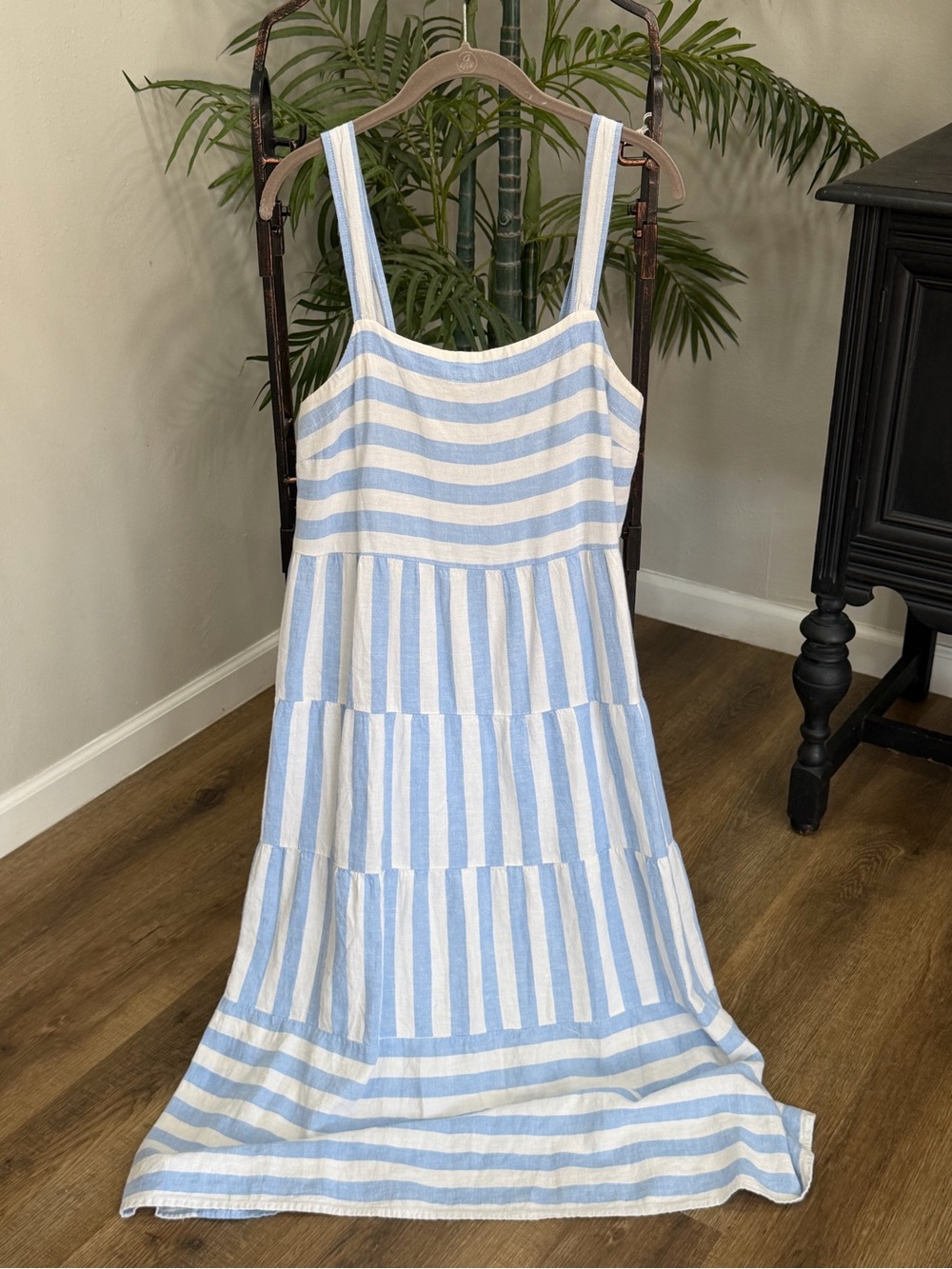 Striped Blue and White Maxi Sundress with Tiered Skirt